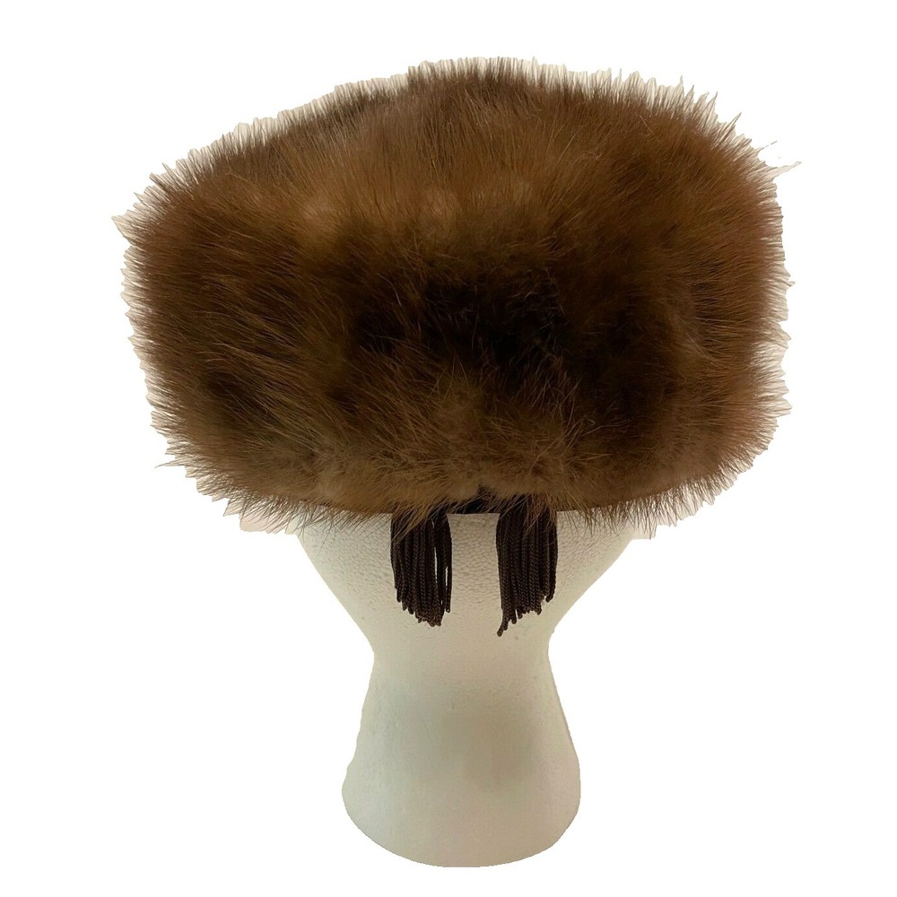 Vintage Womens Round‎ Pillbox Style Hat One Size Brown Mink Braided Satin Band - Picture 3 of 9